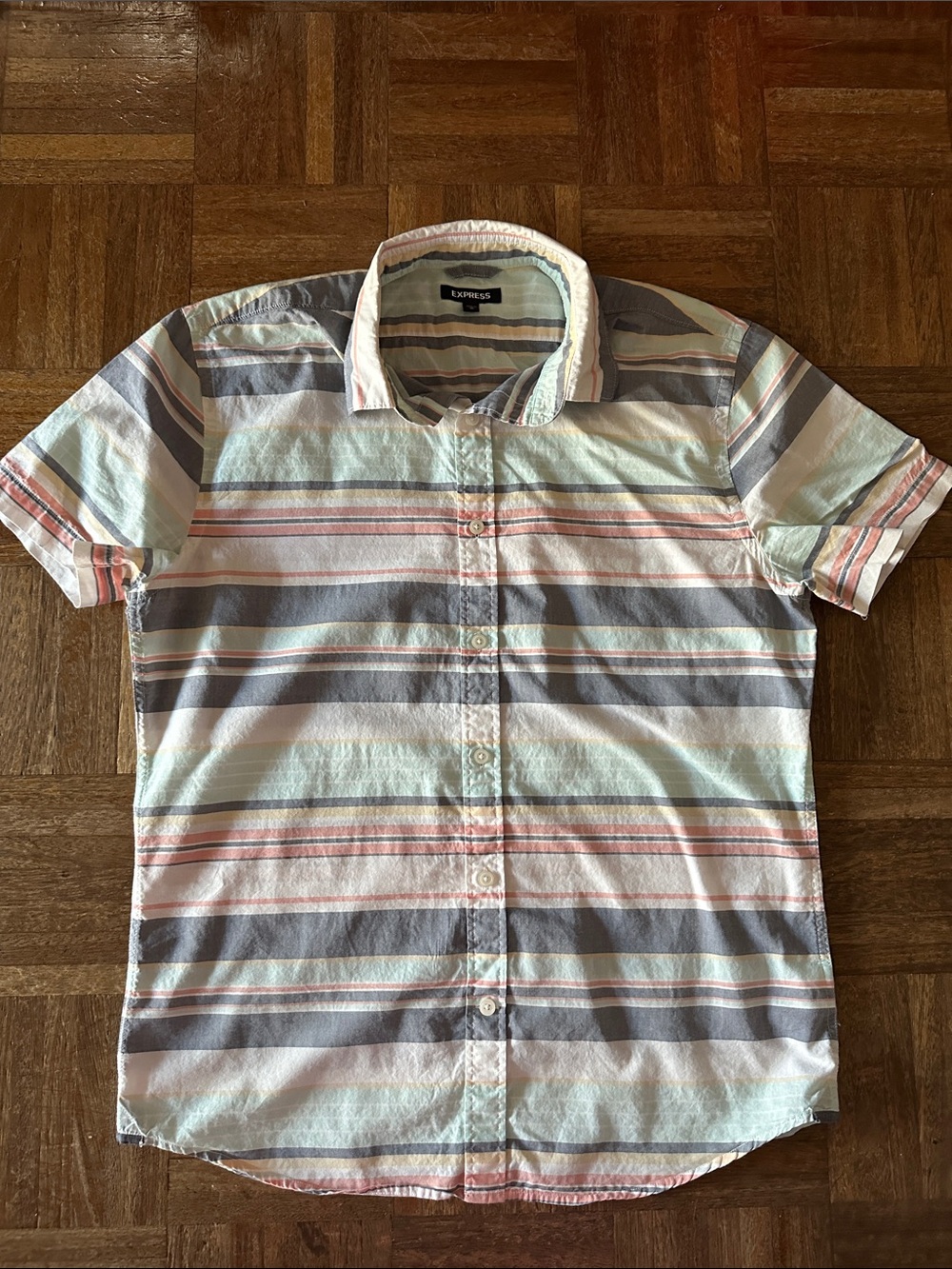 Express Men's Short Sleeve Striped Button-Down Shirt - Mint, Gray & Coral